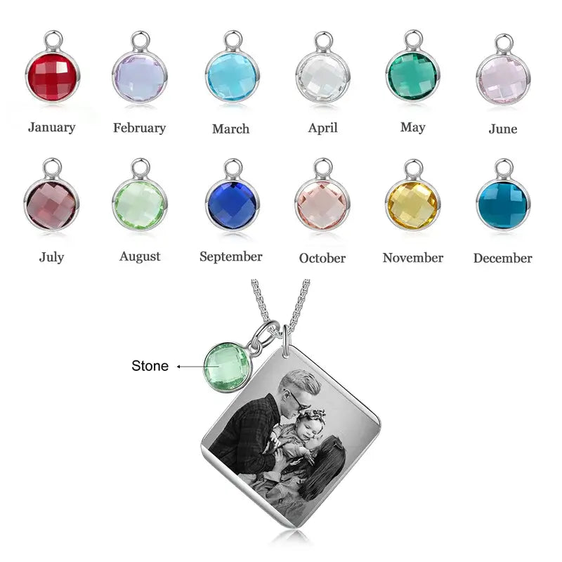 Square Pendant Personalised Photo Necklace with Birthstone | Personalised Picture Necklace with Anniversary Date