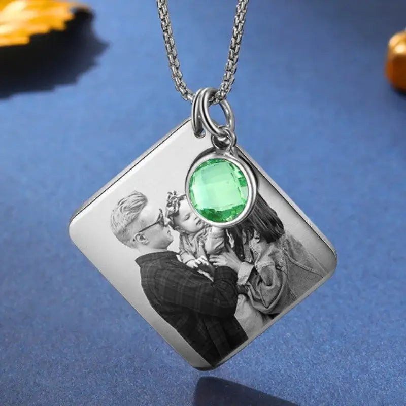 Square Pendant Personalised Photo Necklace with Birthstone | Personalised Picture Necklace with Anniversary Date