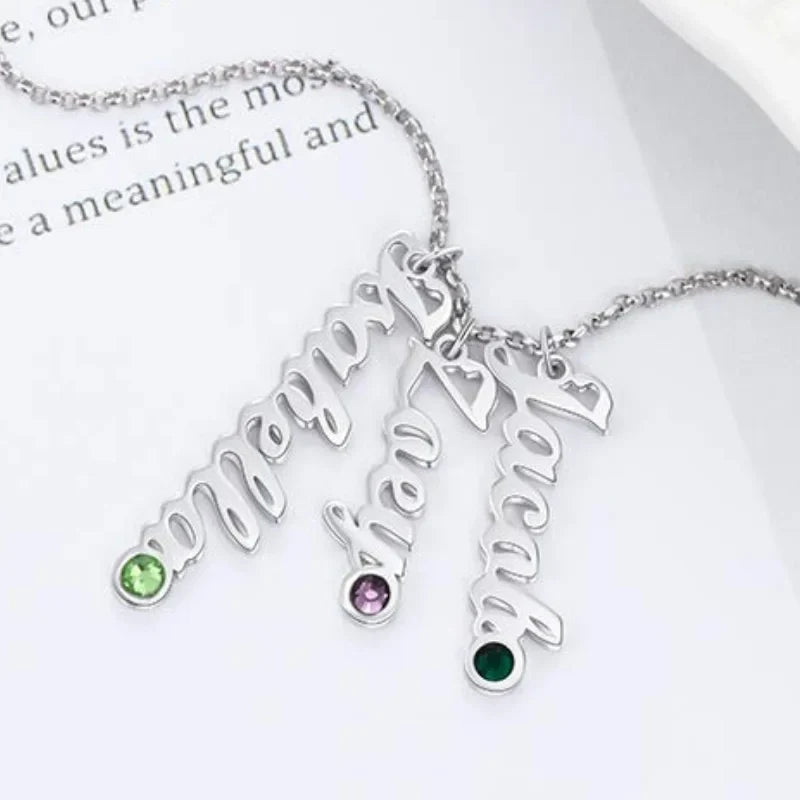 Sterling Silver 3 Names Necklace with 3 Birthstones, Personalised Names Necklace for Her, Custom Name Necklace Gold/Silver/Rose Gold