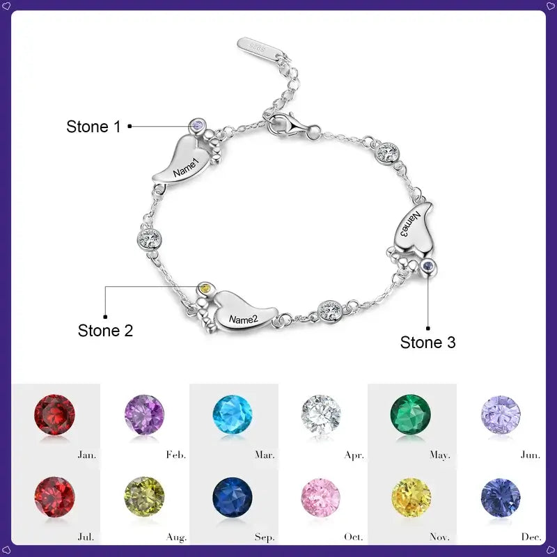 Sterling Silver Baby Feet Personalised Birthstone Bracelet with Children's Names