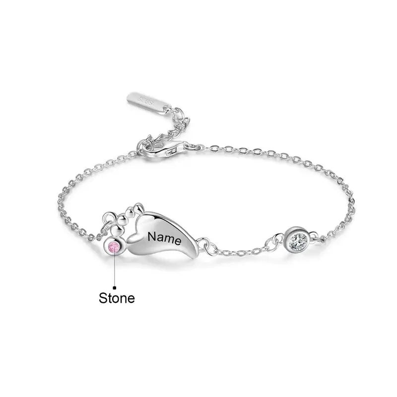 Sterling Silver Baby Feet Personalised Birthstone Bracelet with Children's Names