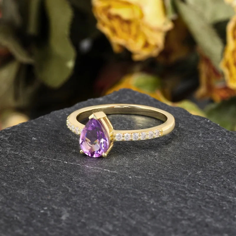 Sterling Silver Moissanite & Amethyst Ring Pear Cut