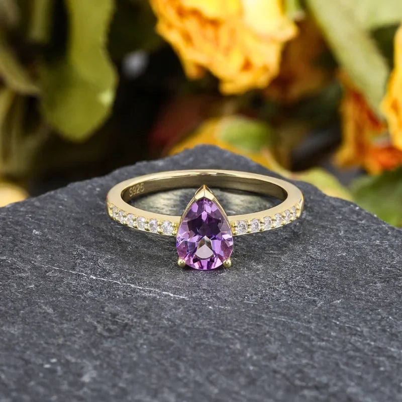 Sterling Silver Moissanite & Amethyst Ring Pear Cut