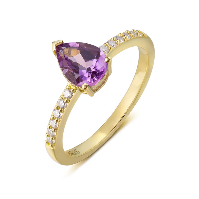 Sterling Silver Moissanite & Amethyst Ring Pear Cut