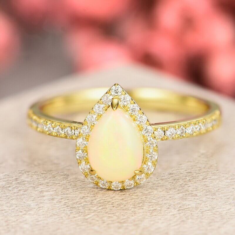 Sterling Silver Pear Shaped Opal Engagement Halo Ring