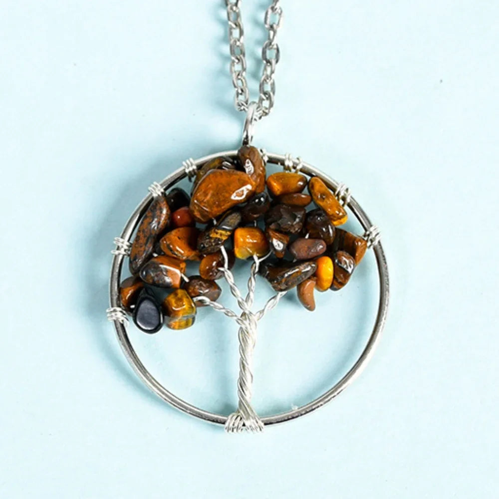 Tiger Eye Family Tree Crystal Necklace