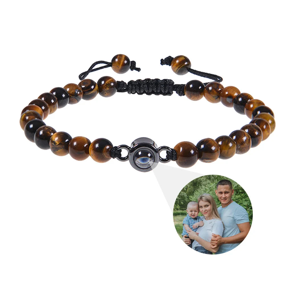 Tiger Eye Stone Photo Bracelet, Beaded Bracelet with Picture Inside, Photo Projection Beaded Bracelet for Men/Women