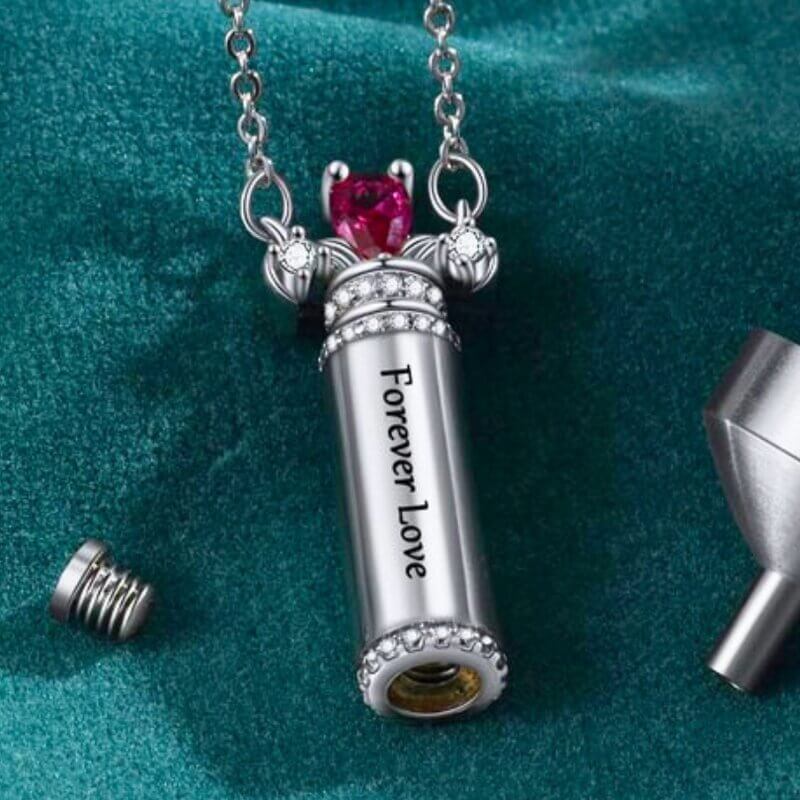 Ashes Necklace - Birthstone Vertical Barrel Pendant with Engraving