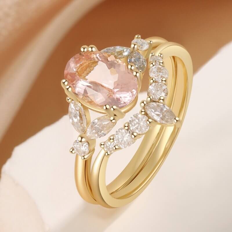 Vintage Oval Shaped Pink Morganite Engagement Ring Set