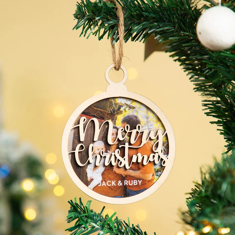 Personalised Christmas Bauble with 2 Names & Photo – Wooden Ornament