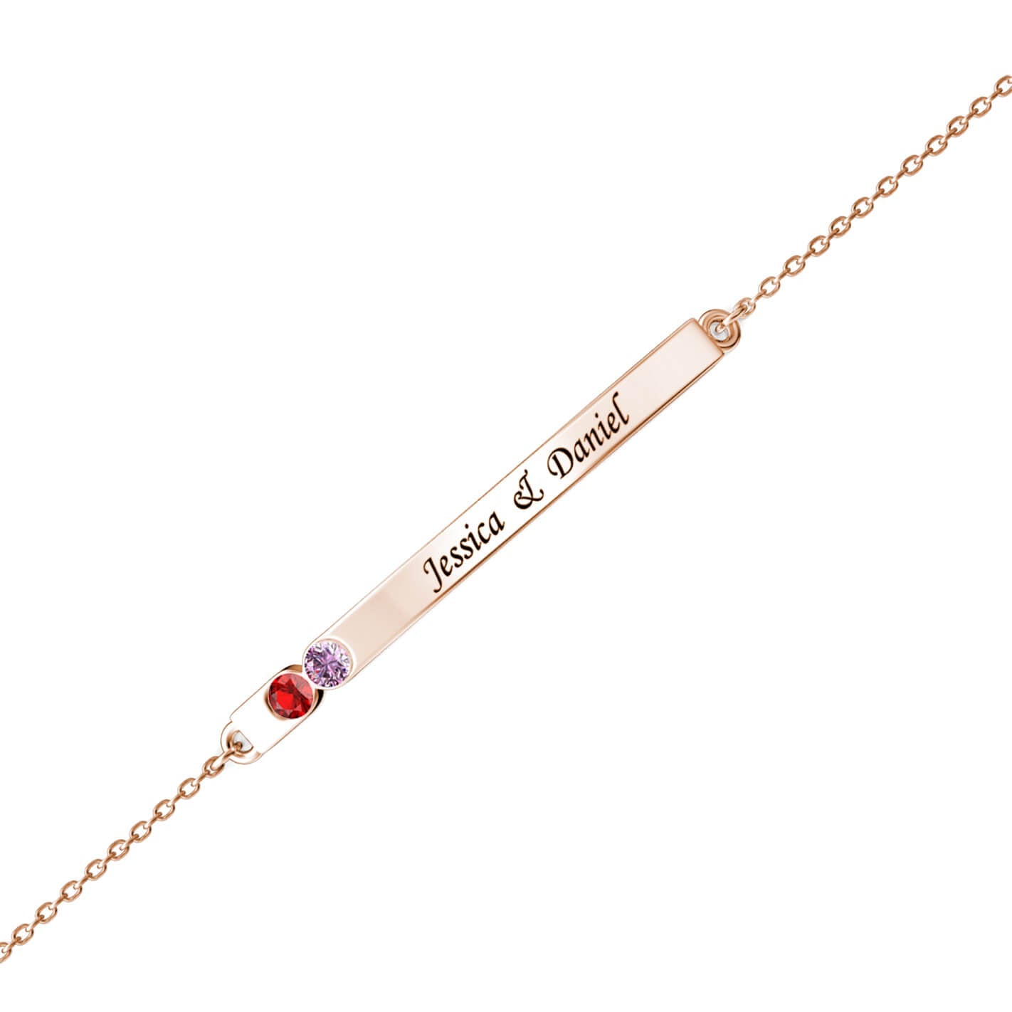 Personalised 2 Birthstone Bar Bracelet with Engraving - Rose Gold - IFSHE UK