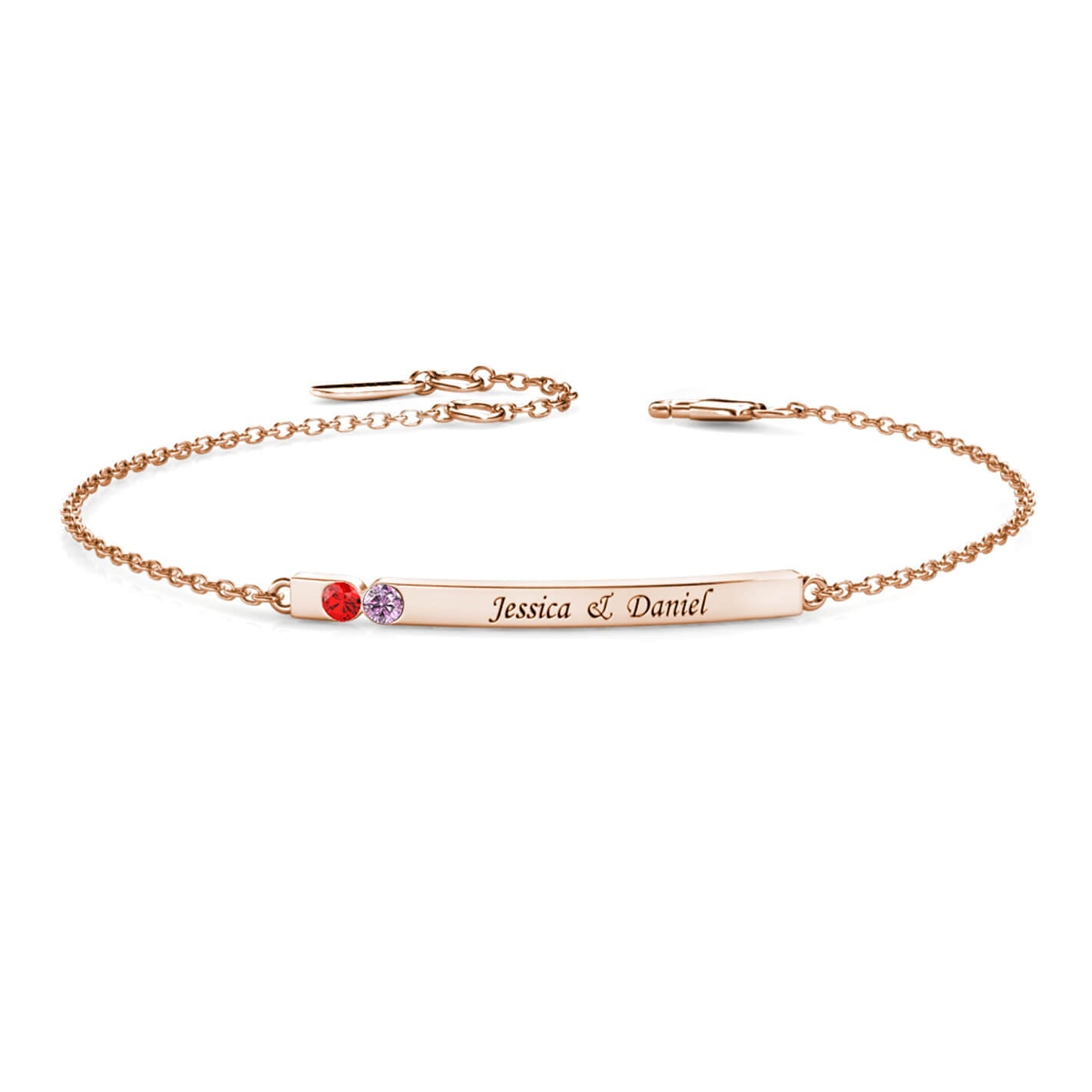 Personalised 2 Birthstone Bar Bracelet with Engraving - Rose Gold - IFSHE UK