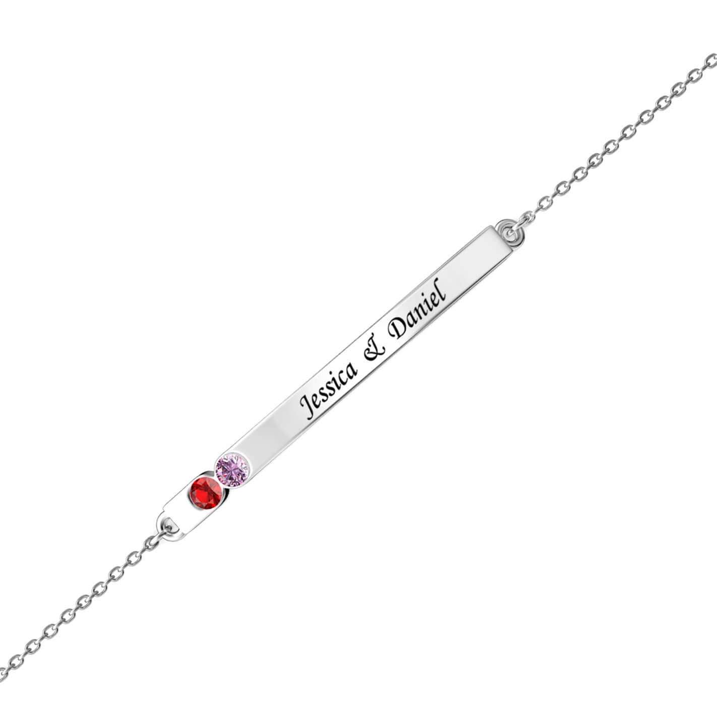 Personalised 2 Birthstone Bar Bracelet with Engraving - Sterling Silver - IFSHE UK