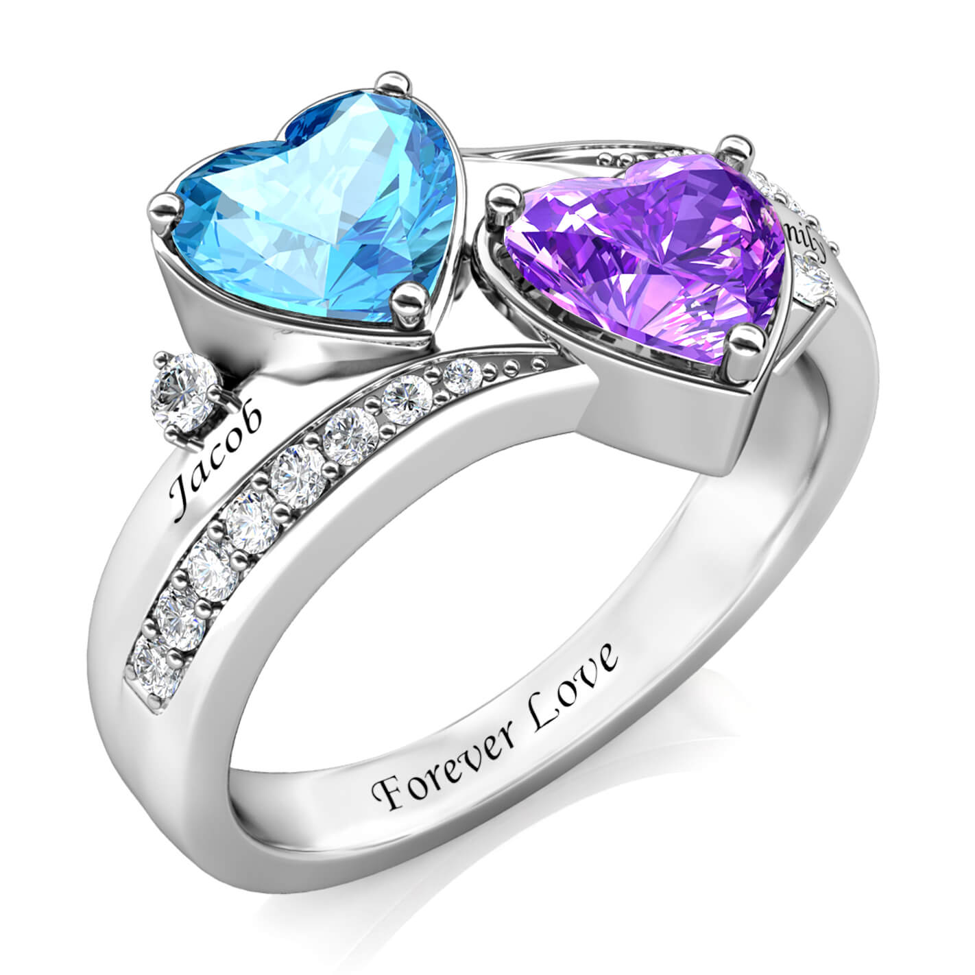 Personalised 2 Birthstone Ring - Engraved Sterling Silver 2 Name Ring - IFSHE UK