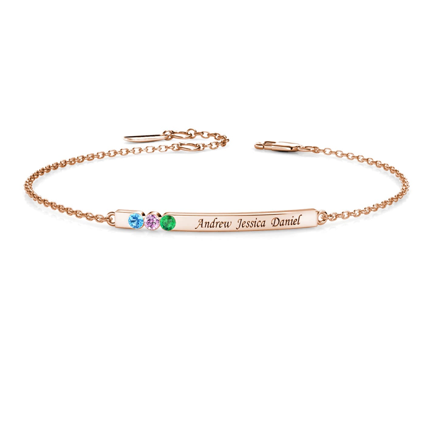 Personalised 3 Birthstone Bar Bracelet with Engraving - Rose Gold - IFSHE UK