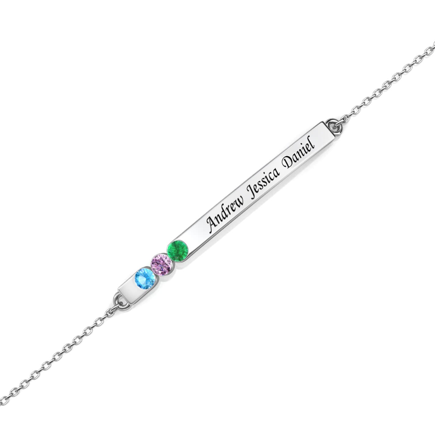 Personalised 3 Birthstone Bar Bracelet with Engraving - Sterling Silver - IFSHE UK