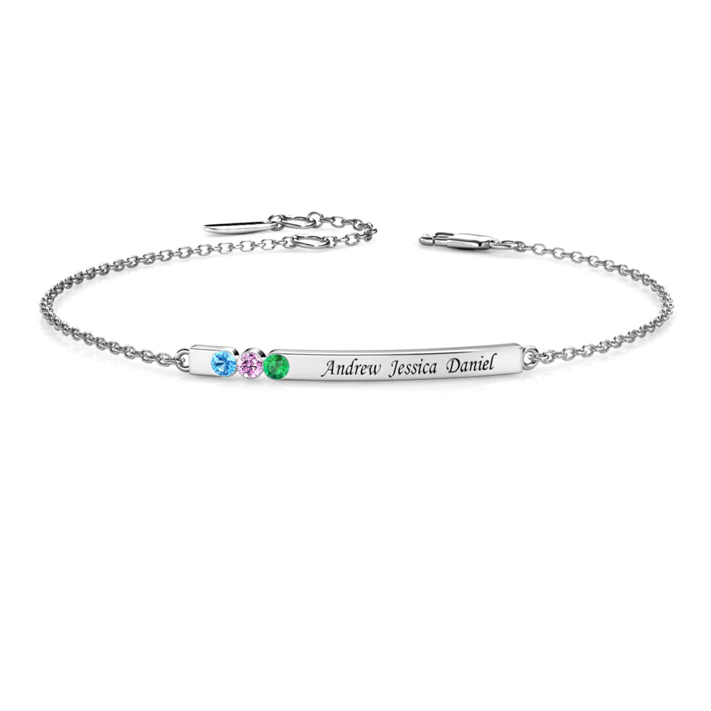 Personalised 3 Birthstone Bar Bracelet with Engraving - Sterling Silver - IFSHE UK