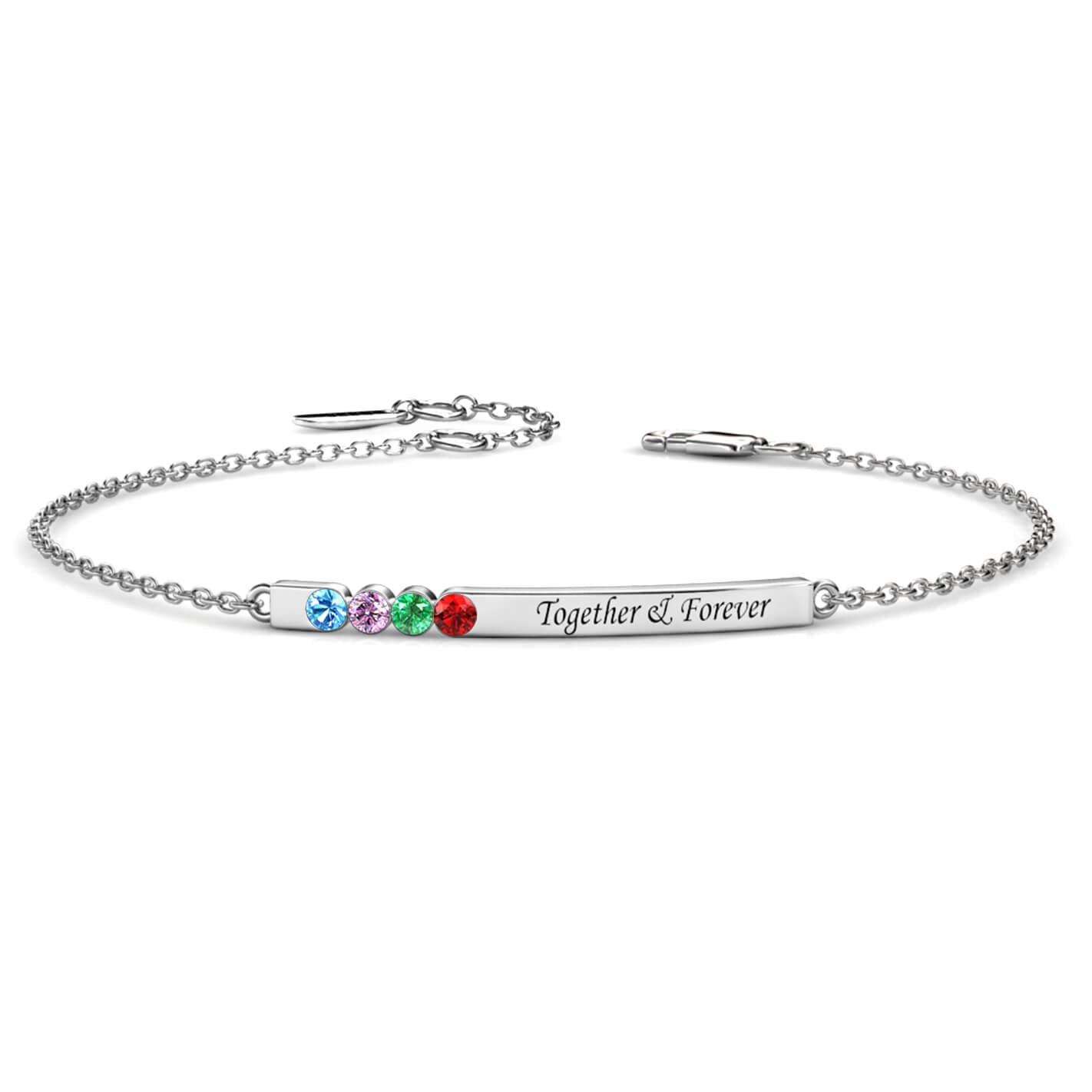 Personalised 4 Birthstone Bar Bracelet with Engraving - Sterling Silver - IFSHE UK