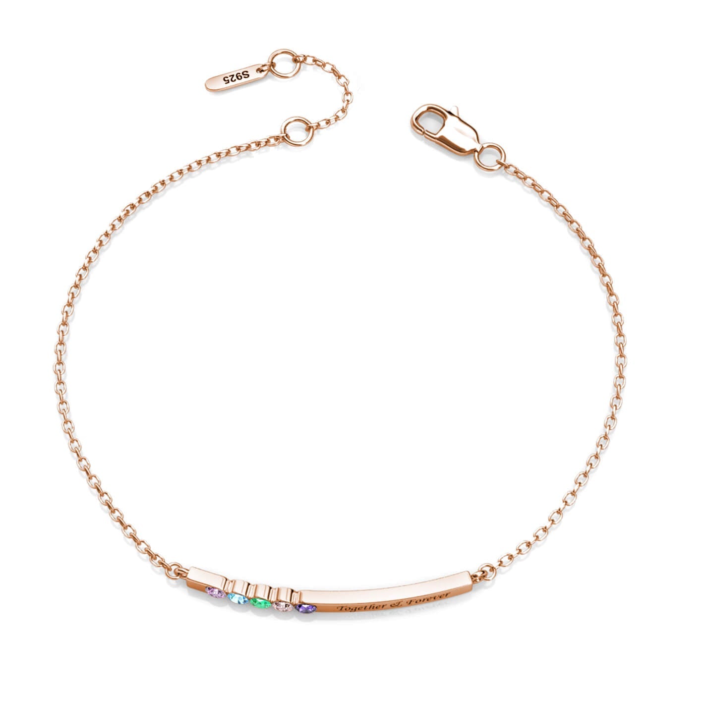 Personalised 5 Birthstone Bar Bracelet with Engraving - Rose Gold - IFSHE UK