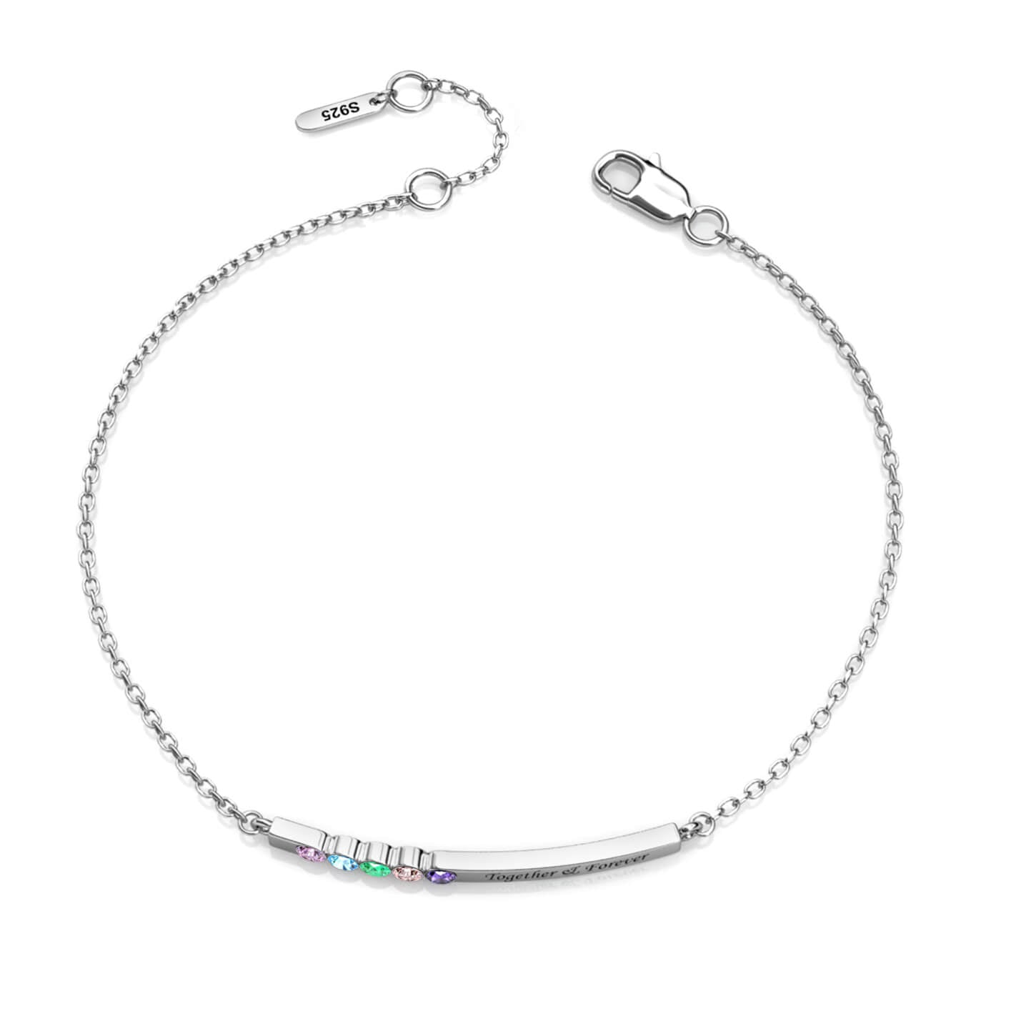 Personalised 5 Birthstone Bar Bracelet with Engraving - Sterling Silver - IFSHE UK