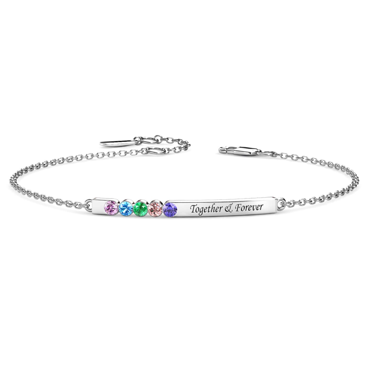 Personalised 5 Birthstone Bar Bracelet with Engraving - Sterling Silver - IFSHE UK