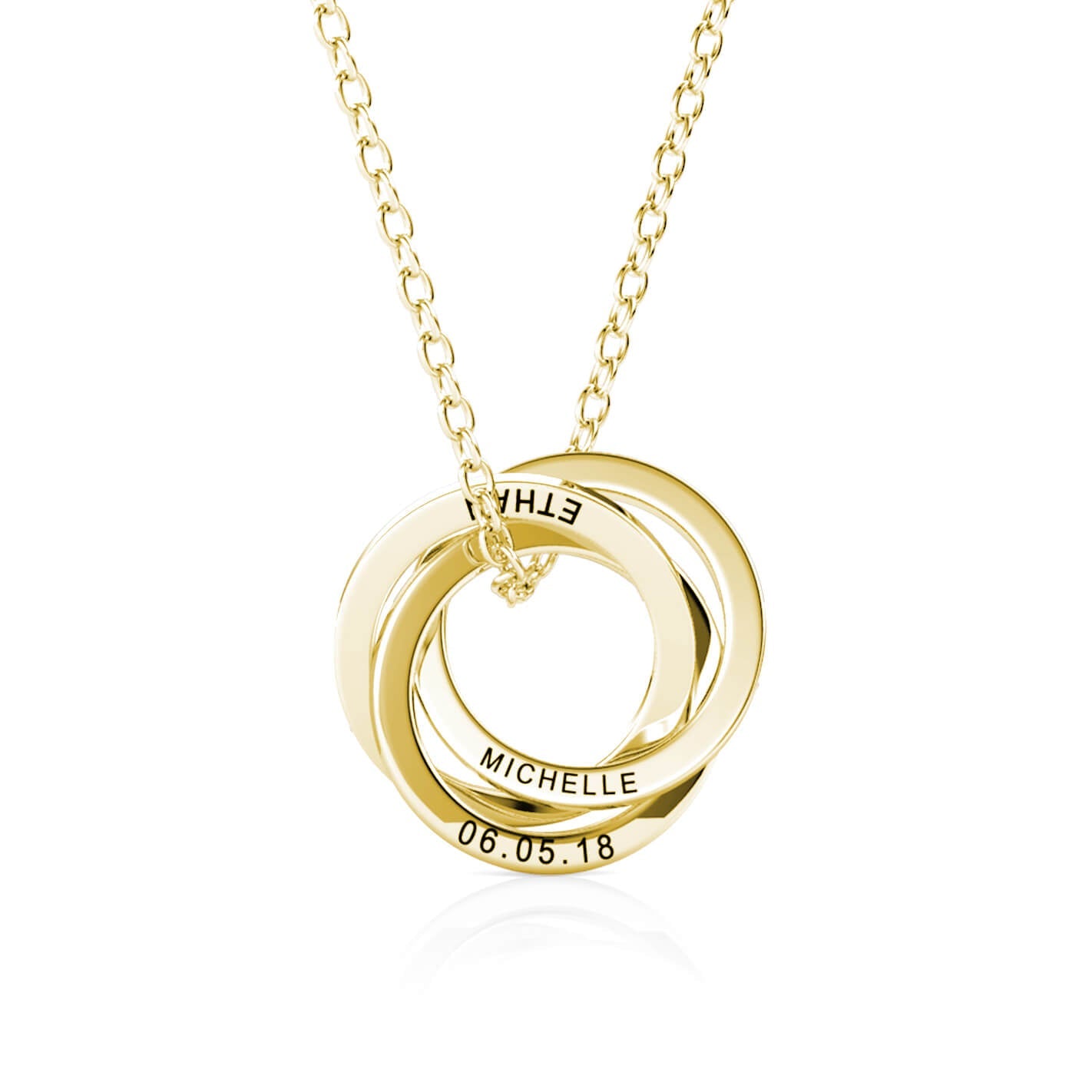 Russian 3 Ring Necklace - Engraved 3 Name Necklace - Sterling Silver - Gold