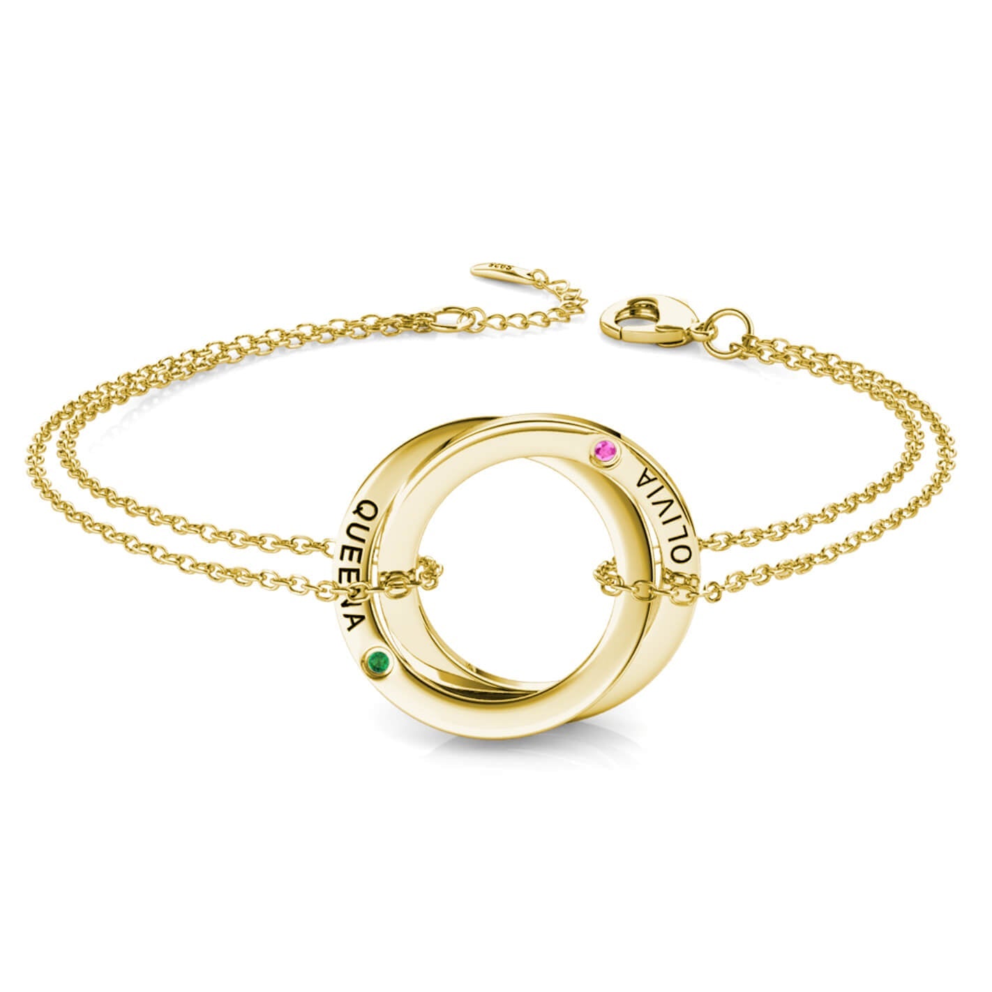 Birthstone Russian 2 Ring Bracelet - Engraved 2 Name Bracelet - Sterling Silver - Gold