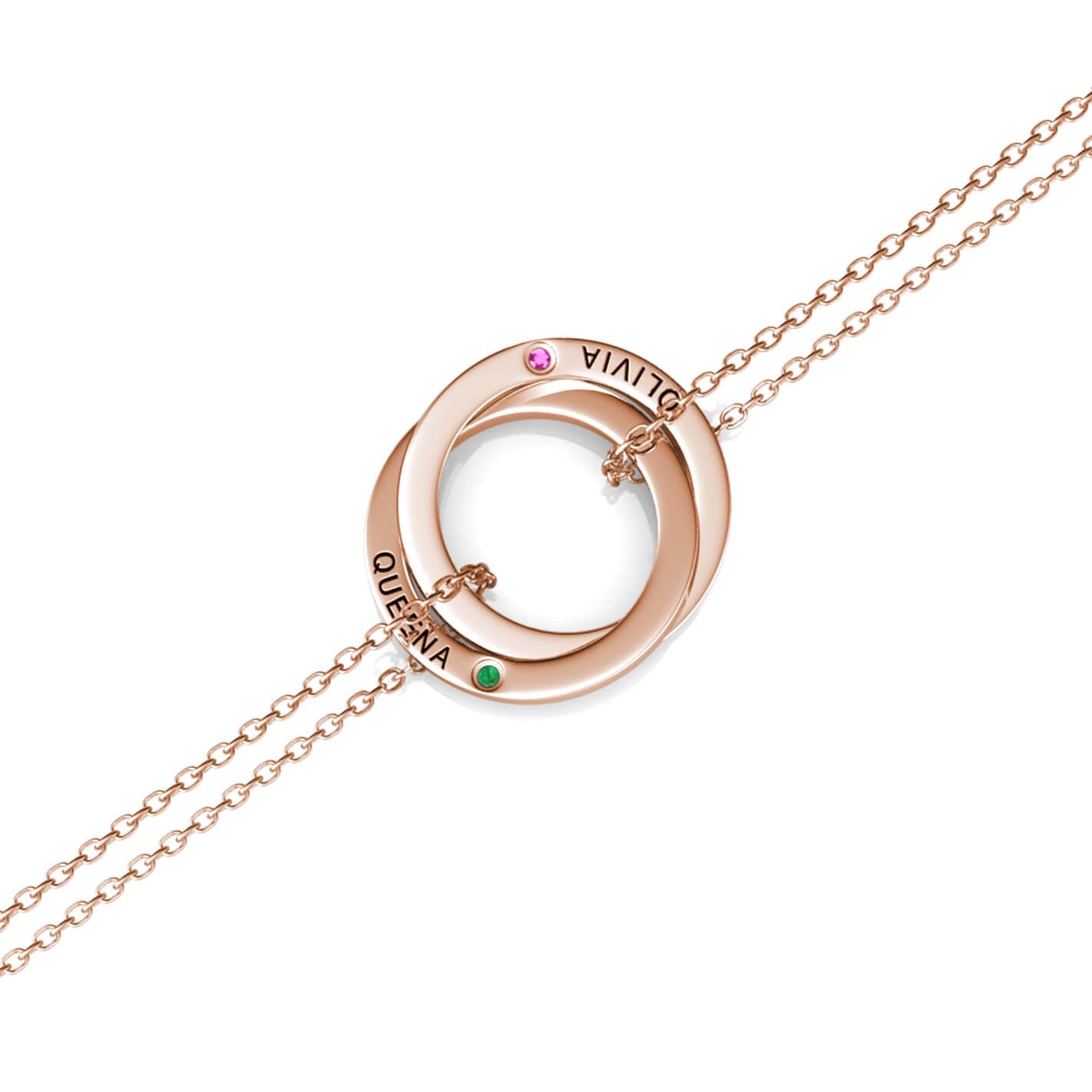 Birthstone Russian 2 Ring Bracelet - Engraved 2 Name Bracelet - Sterling Silver - Rose Gold