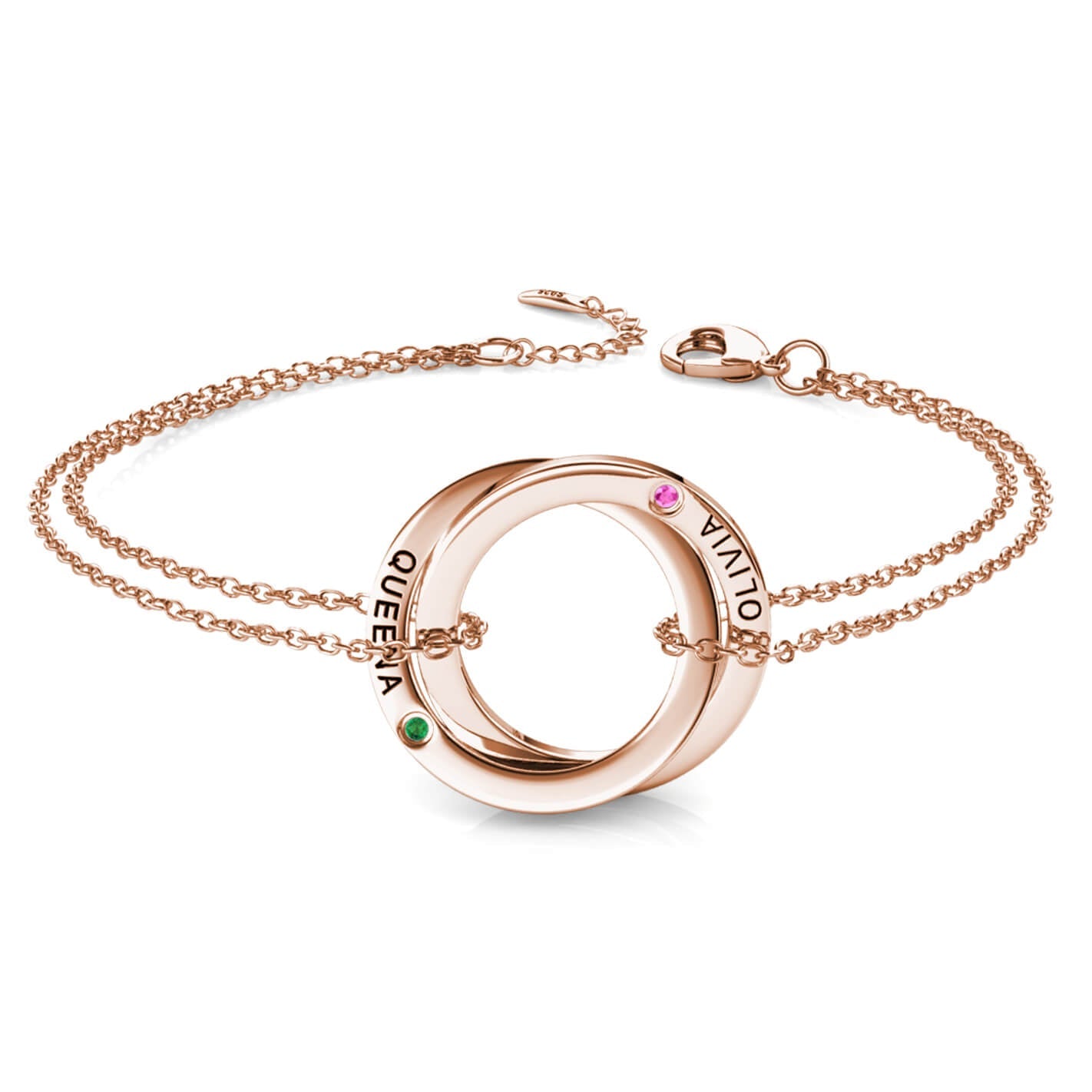 Birthstone Russian 2 Ring Bracelet - Engraved 2 Name Bracelet - Sterling Silver - Rose Gold