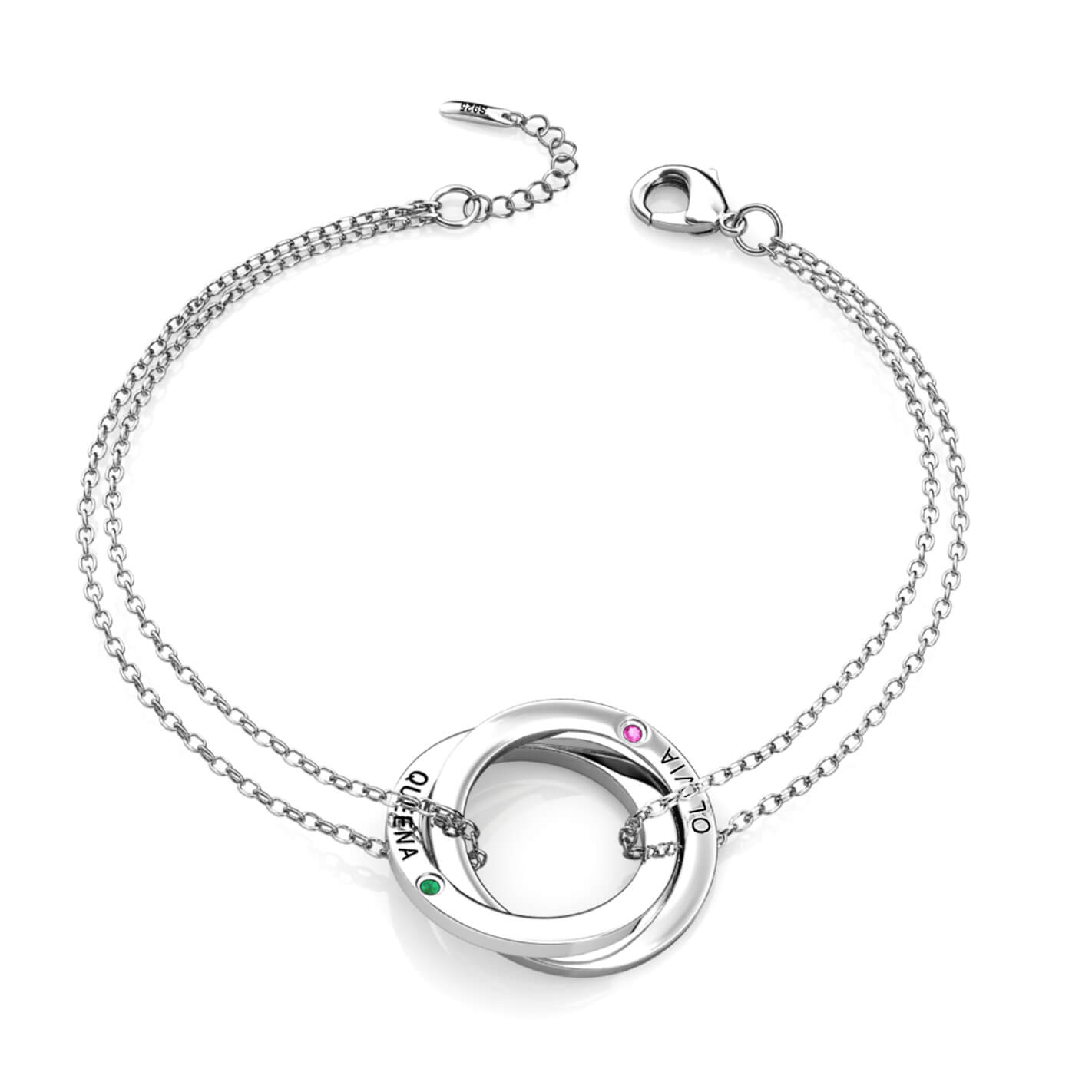 Birthstone Russian 2 Ring Bracelet - Engraved 2 Name Bracelet - Sterling Silver