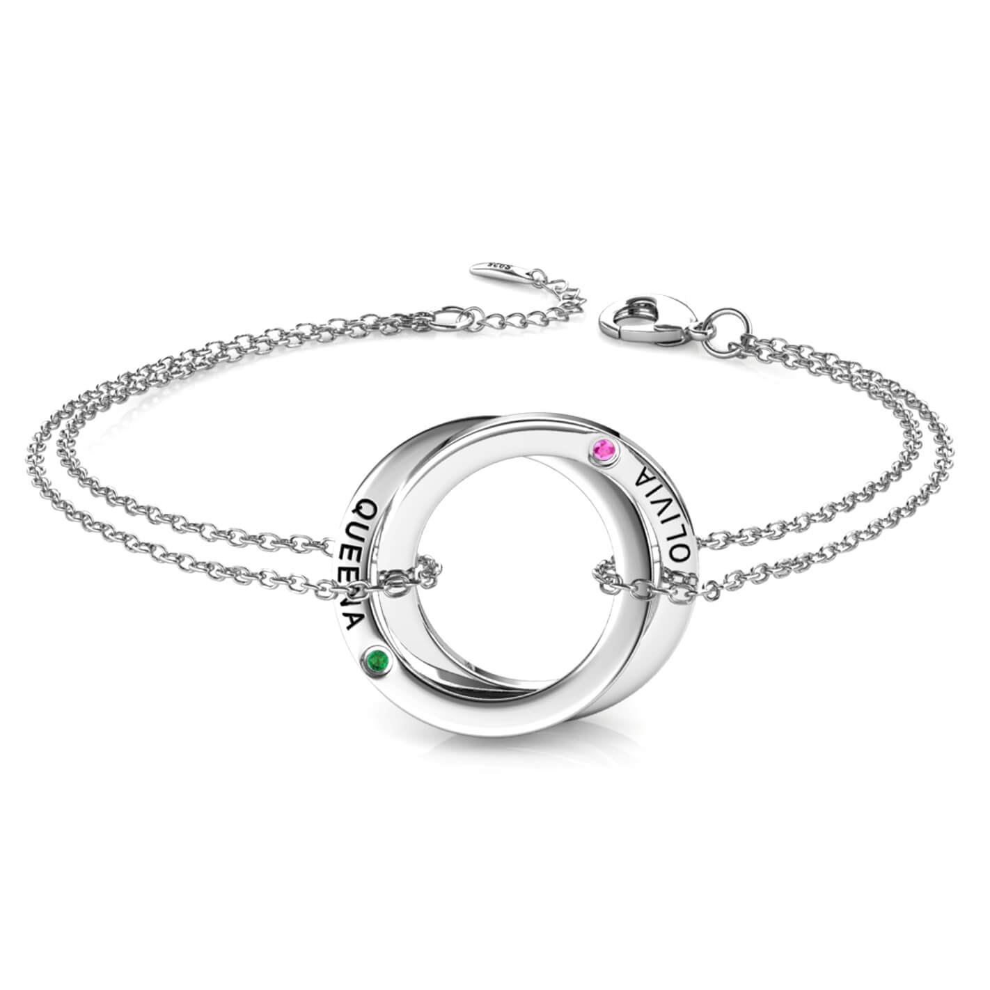 Birthstone Russian 2 Ring Bracelet - Engraved 2 Name Bracelet - Sterling Silver