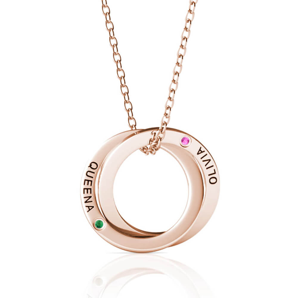 Birthstone Russian 2 Ring Necklace - Engraved 2 Name Necklace - Sterling Silver - Rose Gold