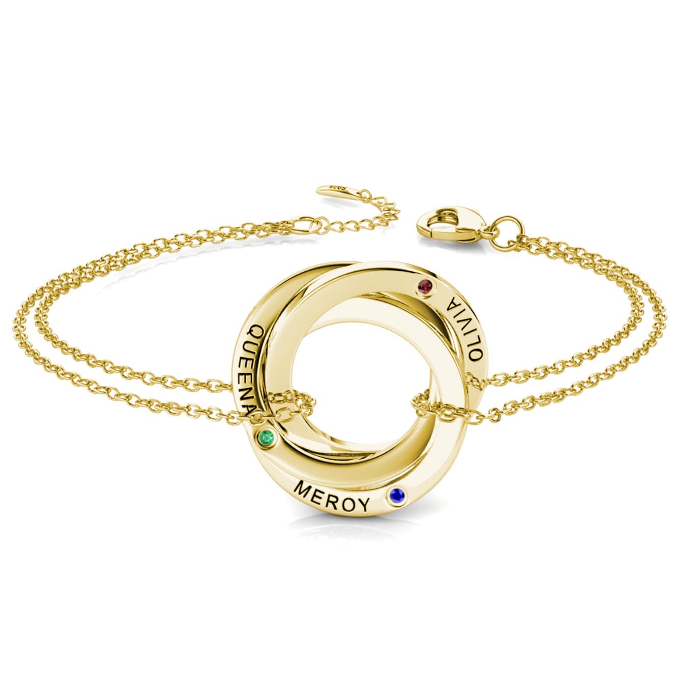 Birthstone Russian 3 Ring Bracelet - Engraved 3 Name Bracelet - Sterling Silver - Gold