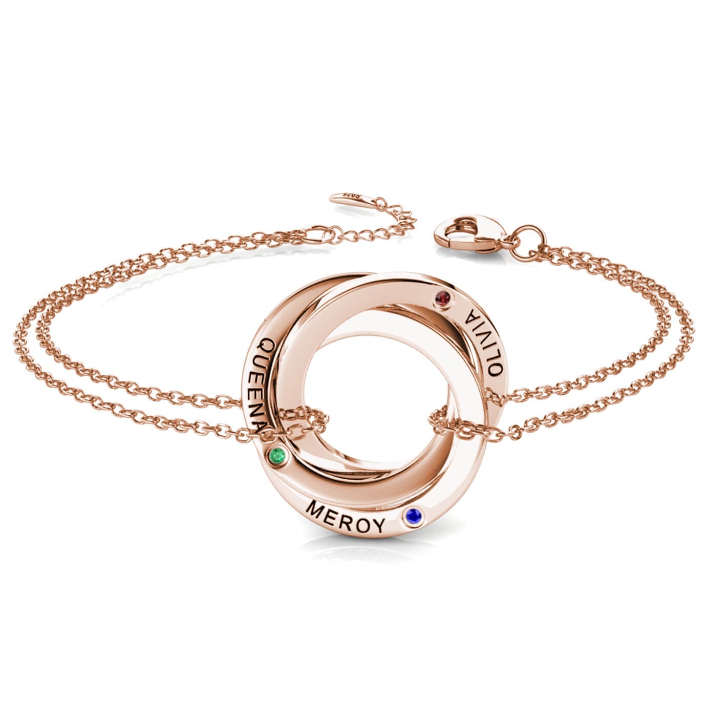 Birthstone Russian 3 Ring Bracelet - Engraved 3 Name Bracelet - Sterling Silver - Rose Gold