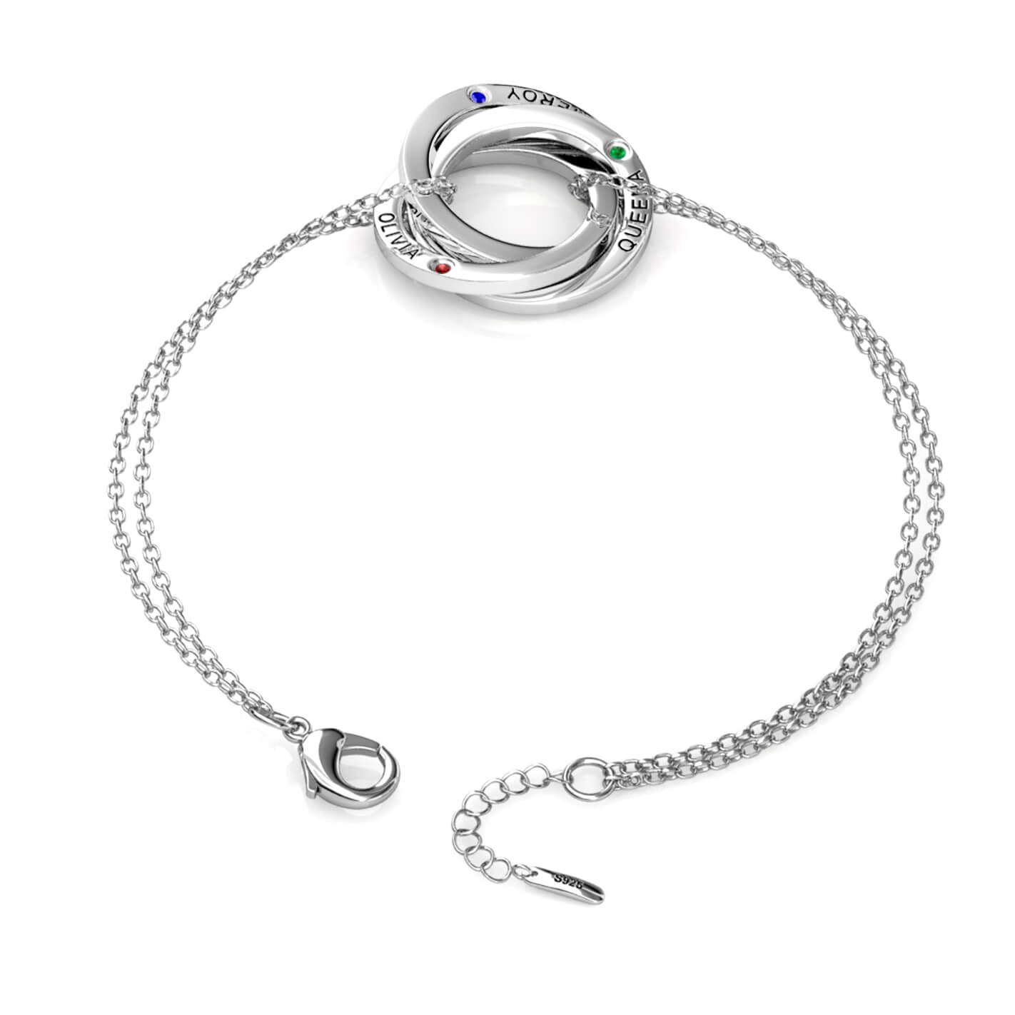 Birthstone Russian 3 Ring Bracelet - Engraved 3 Name Bracelet - Sterling Silver