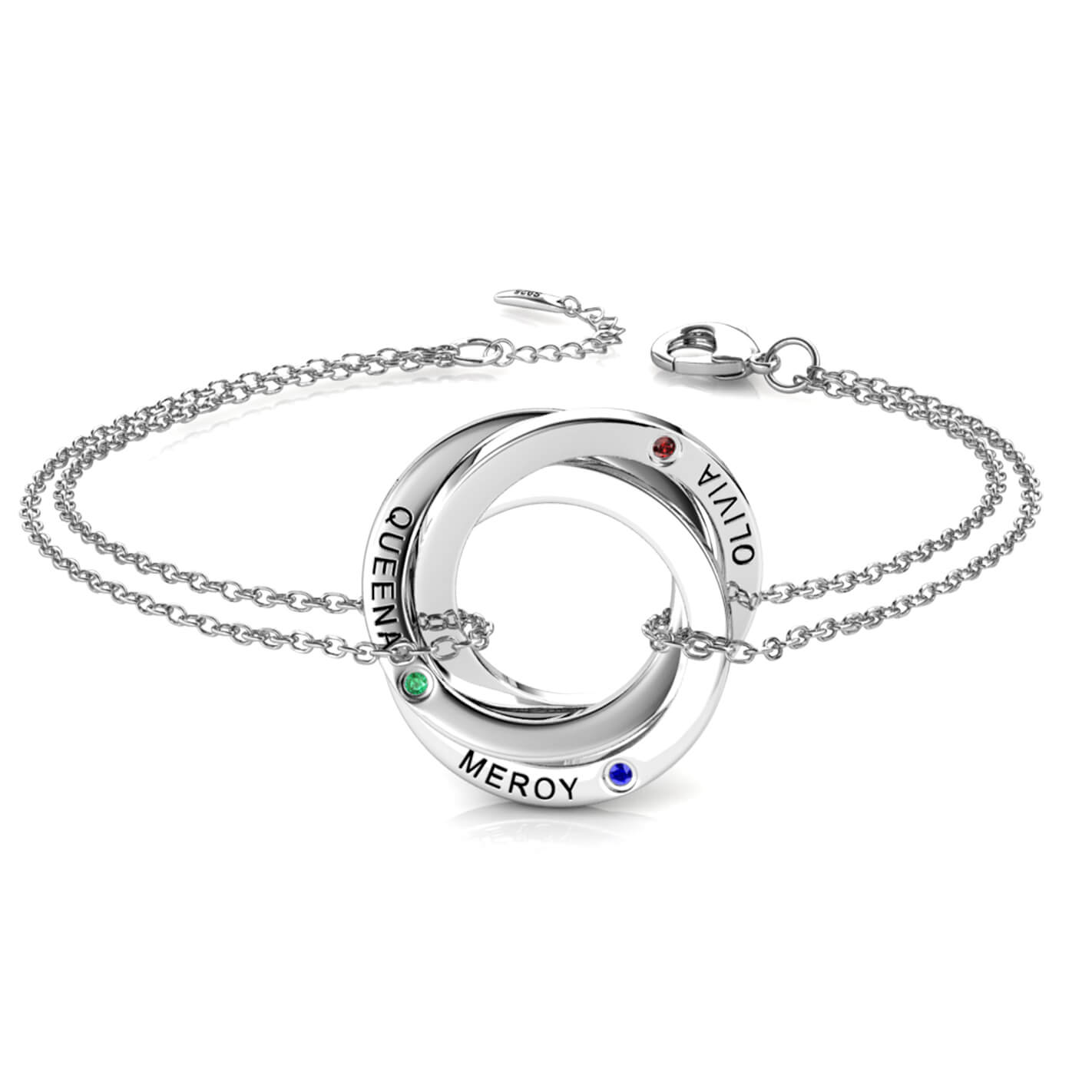 Birthstone Russian 3 Ring Bracelet - Engraved 3 Name Bracelet - Sterling Silver