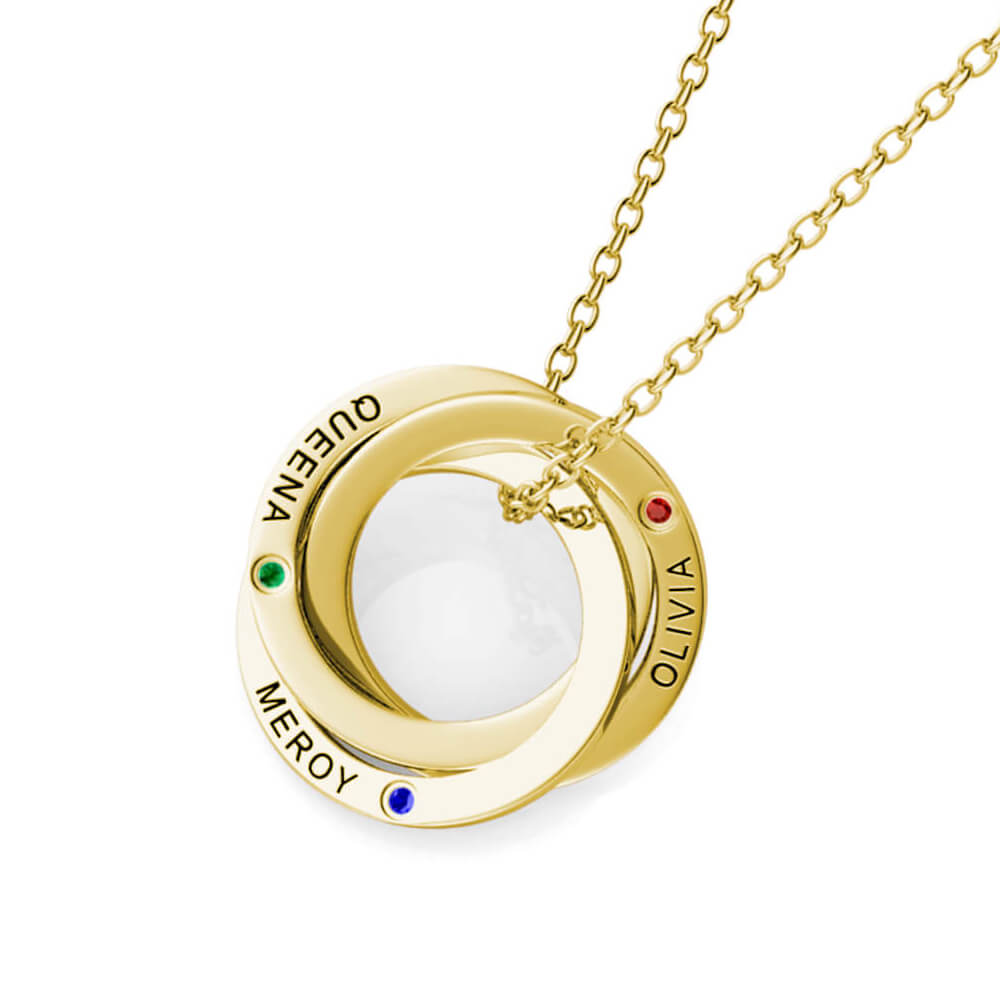 Birthstone Russian 3 Ring Necklace - Engraved 3 Name Necklace - Sterling Silver - Gold