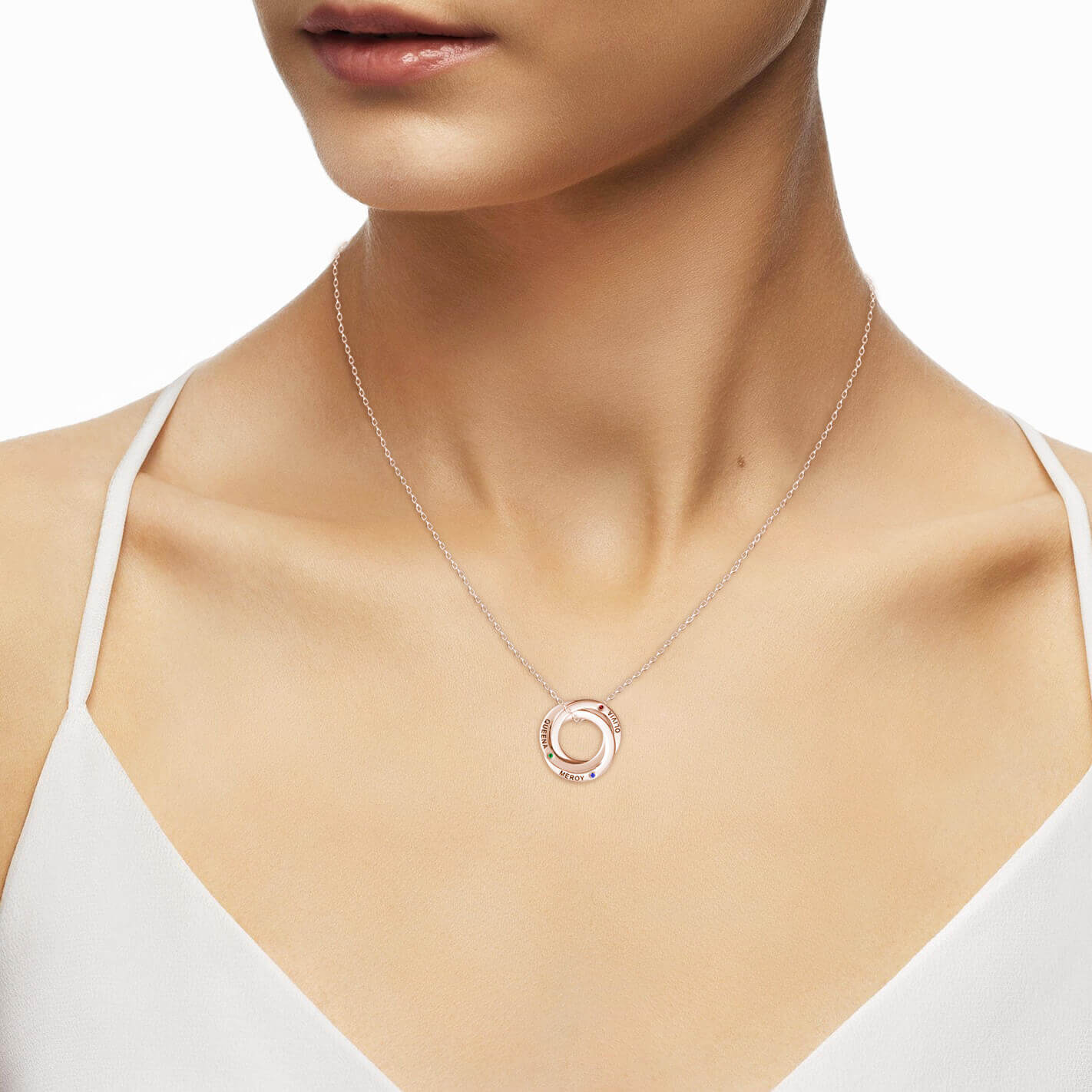 Birthstone Russian 3 Ring Necklace - Engraved 3 Name Necklace - Sterling Silver - Rose Gold