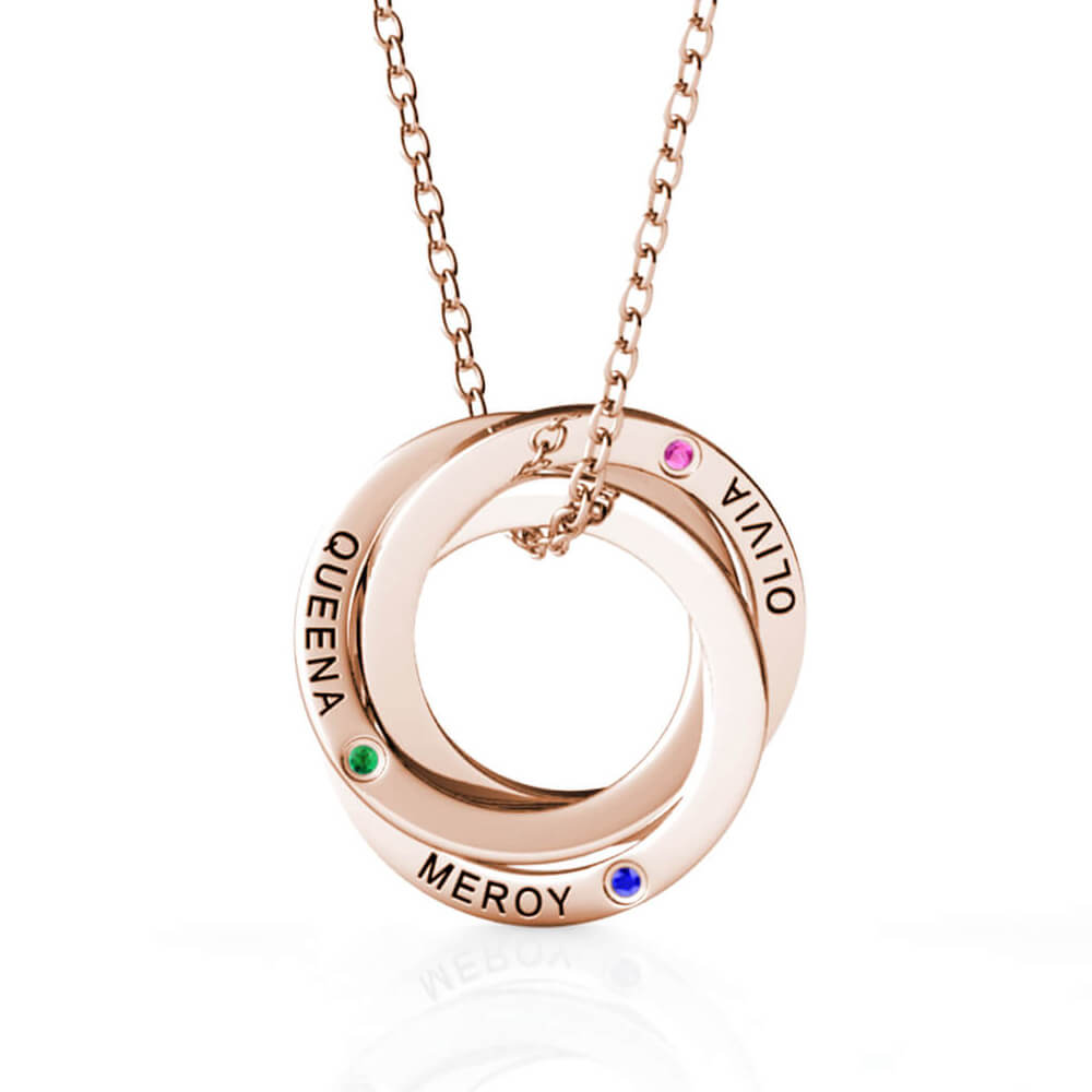 Birthstone Russian 3 Ring Necklace - Engraved 3 Name Necklace - Sterling Silver - Rose Gold