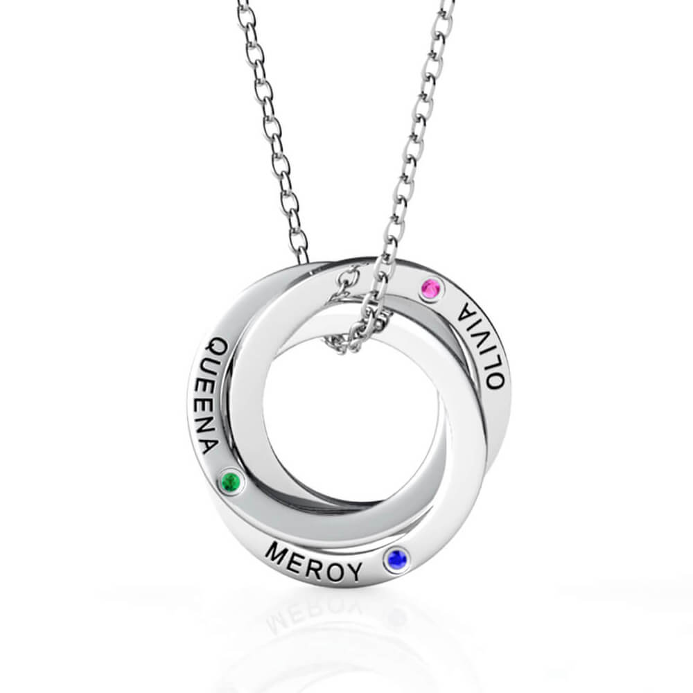 Birthstone Russian 3 Ring Necklace - Engraved 3 Name Necklace - Sterling Silver