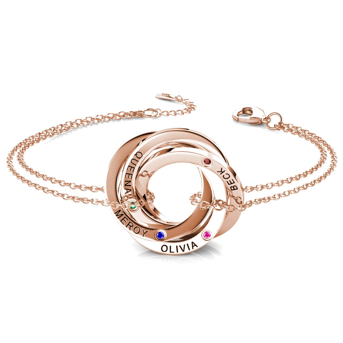 Birthstone Russian 4 Ring Bracelet - Engraved 4 Name Bracelet - Sterling Silver - Rose Gold