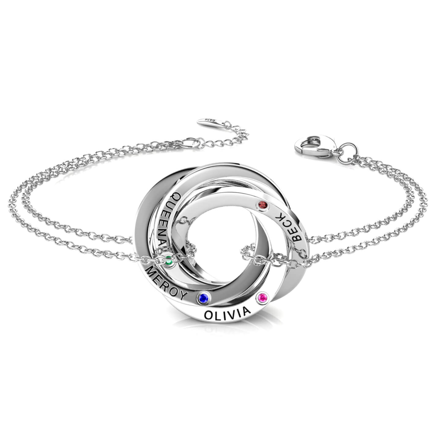 Birthstone Russian 4 Ring Bracelet - Engraved 4 Name Bracelet - Sterling Silver