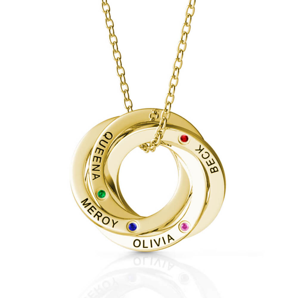 Birthstone Russian 4 Ring Necklace - Engraved 4 Name Necklace - Sterling Silver - Gold