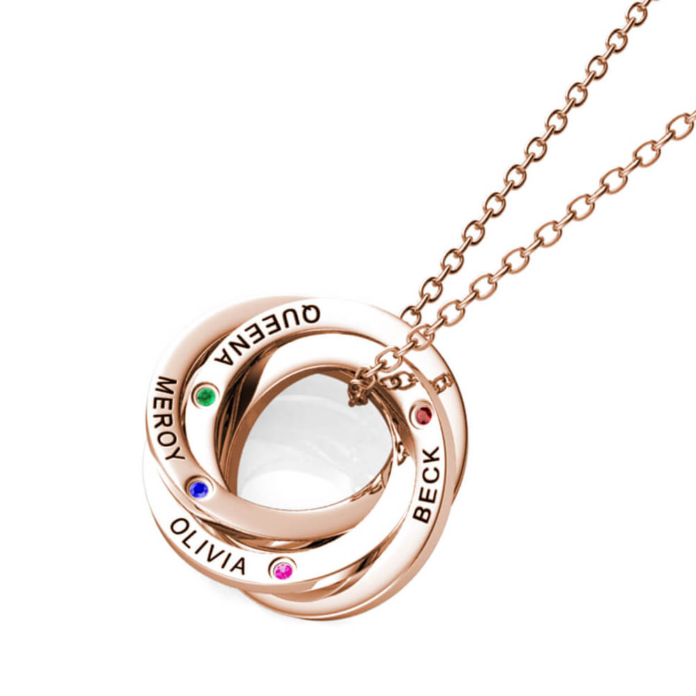 Birthstone Russian 4 Ring Necklace - Engraved 4 Name Necklace - Sterling Silver - Rose Gold