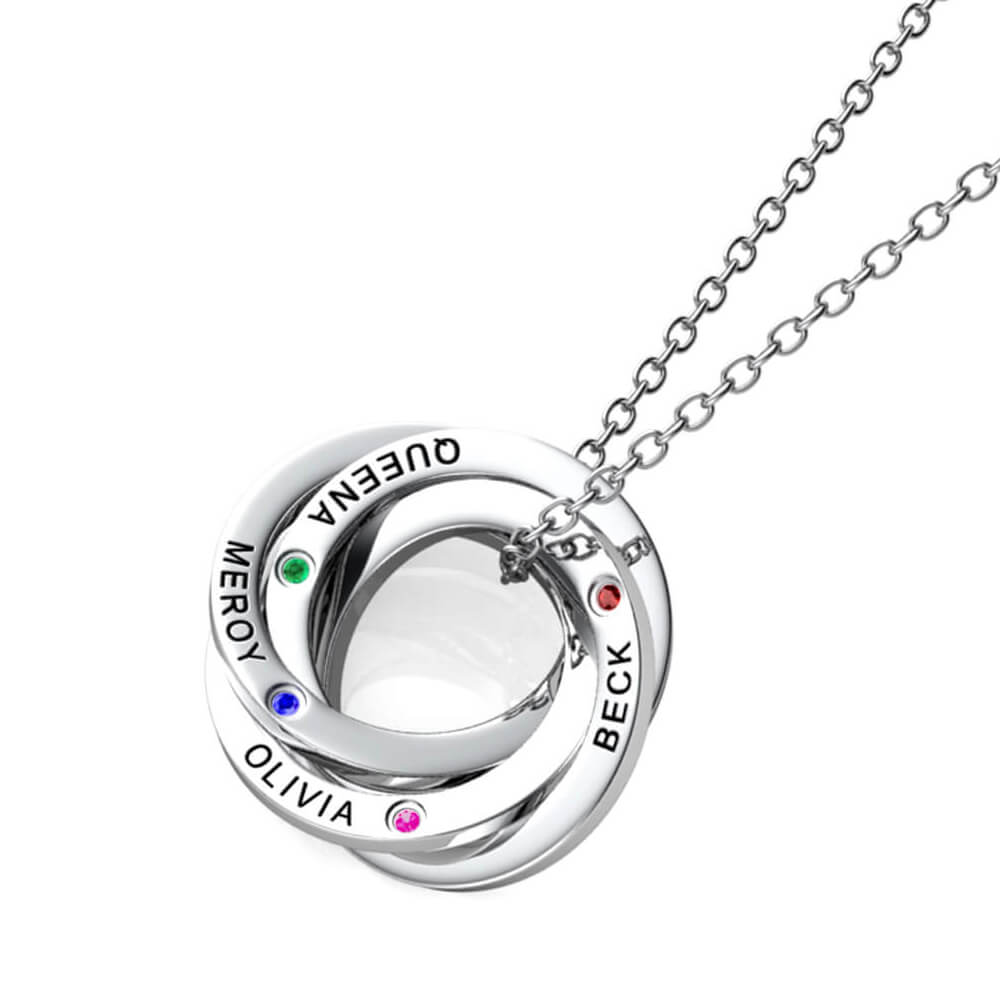 Birthstone Russian 4 Ring Necklace - Engraved 4 Name Necklace - Sterling Silver