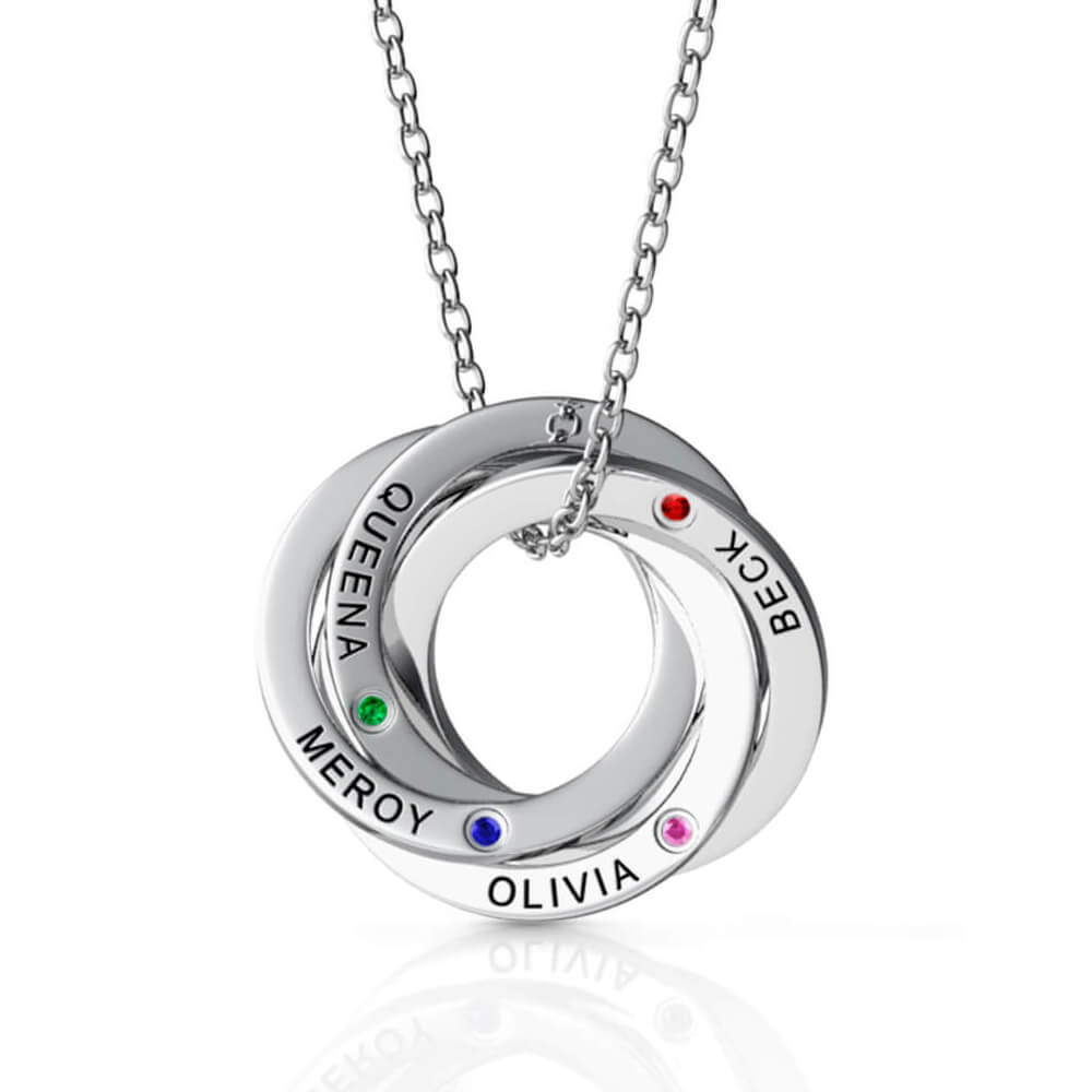 Birthstone Russian 4 Ring Necklace - Engraved 4 Name Necklace - Sterling Silver