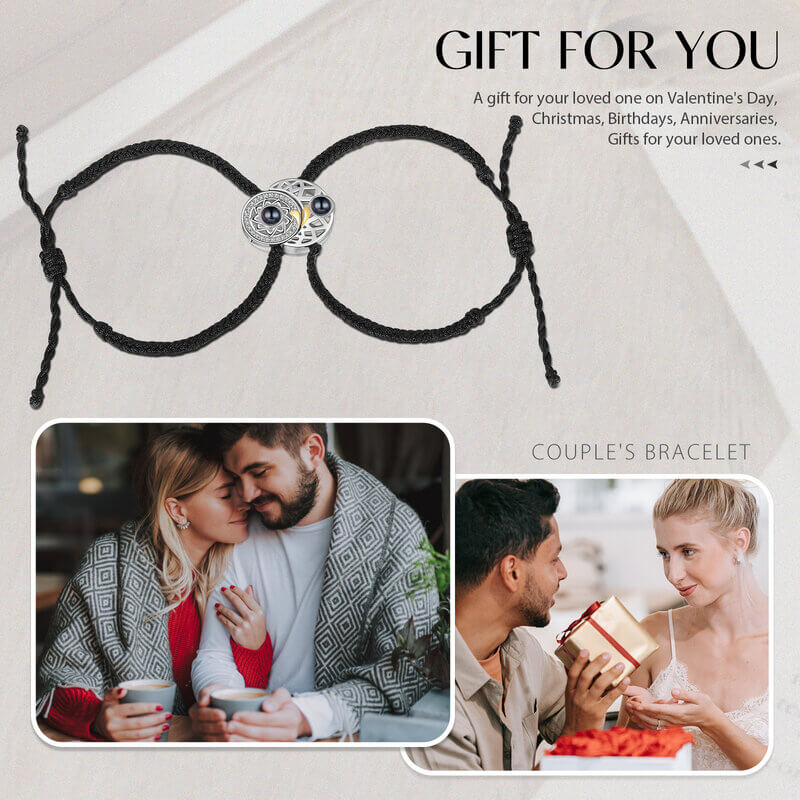 Couple Photo Projection Bracelets - Moon and Sun Charms