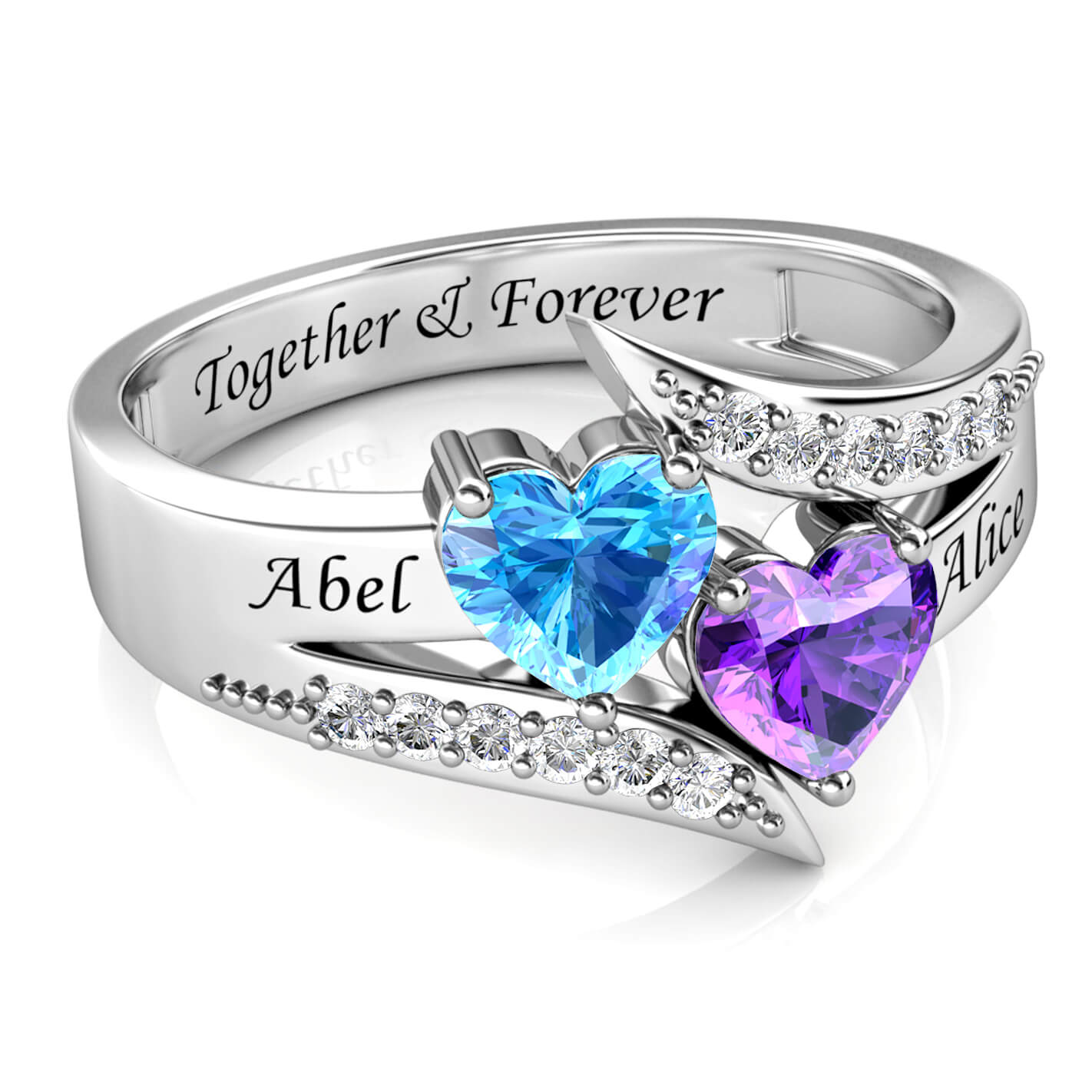 Personalised 2 Birthstone Ring - Engraved Sterling Silver 2 Name Ring - IFSHE