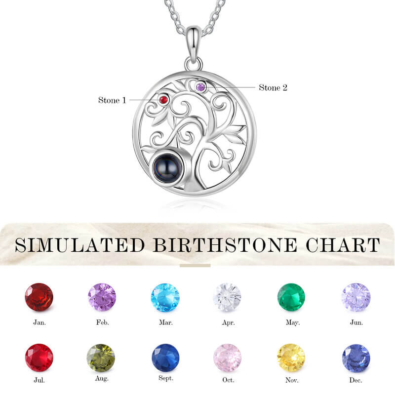 Personalised Family Tree Photo Projection Necklace with Birthstones