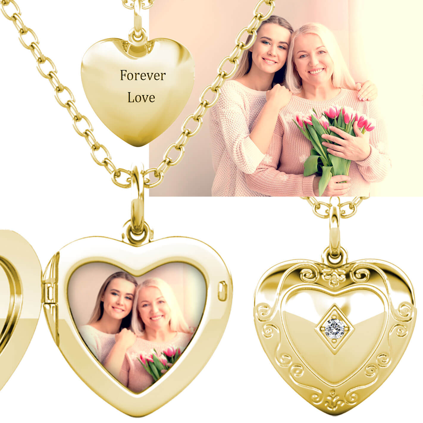 Personalised Heart Locket with Photo - Locket with Picture Inside - Gold